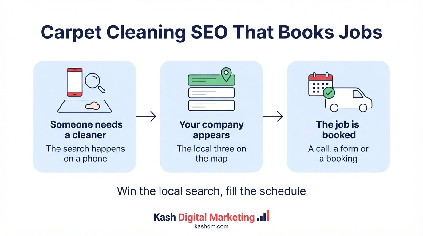 SEO for carpet cleaners: a homeowner searching carpet cleaning near me, the local company ranking in Google Maps, and the job booked.