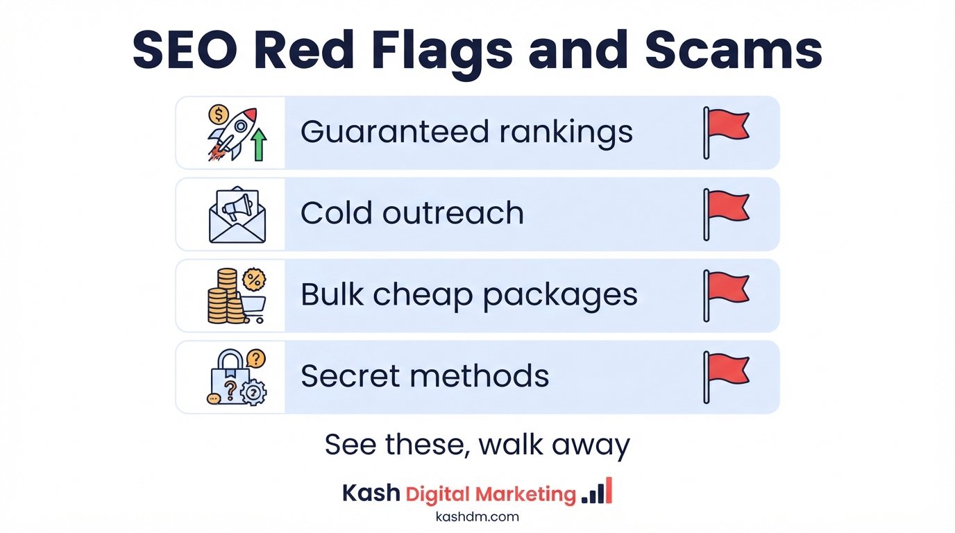 SEO red flags and scams to avoid: guaranteed rankings, cold outreach, bulk cheap packages and secret methods.