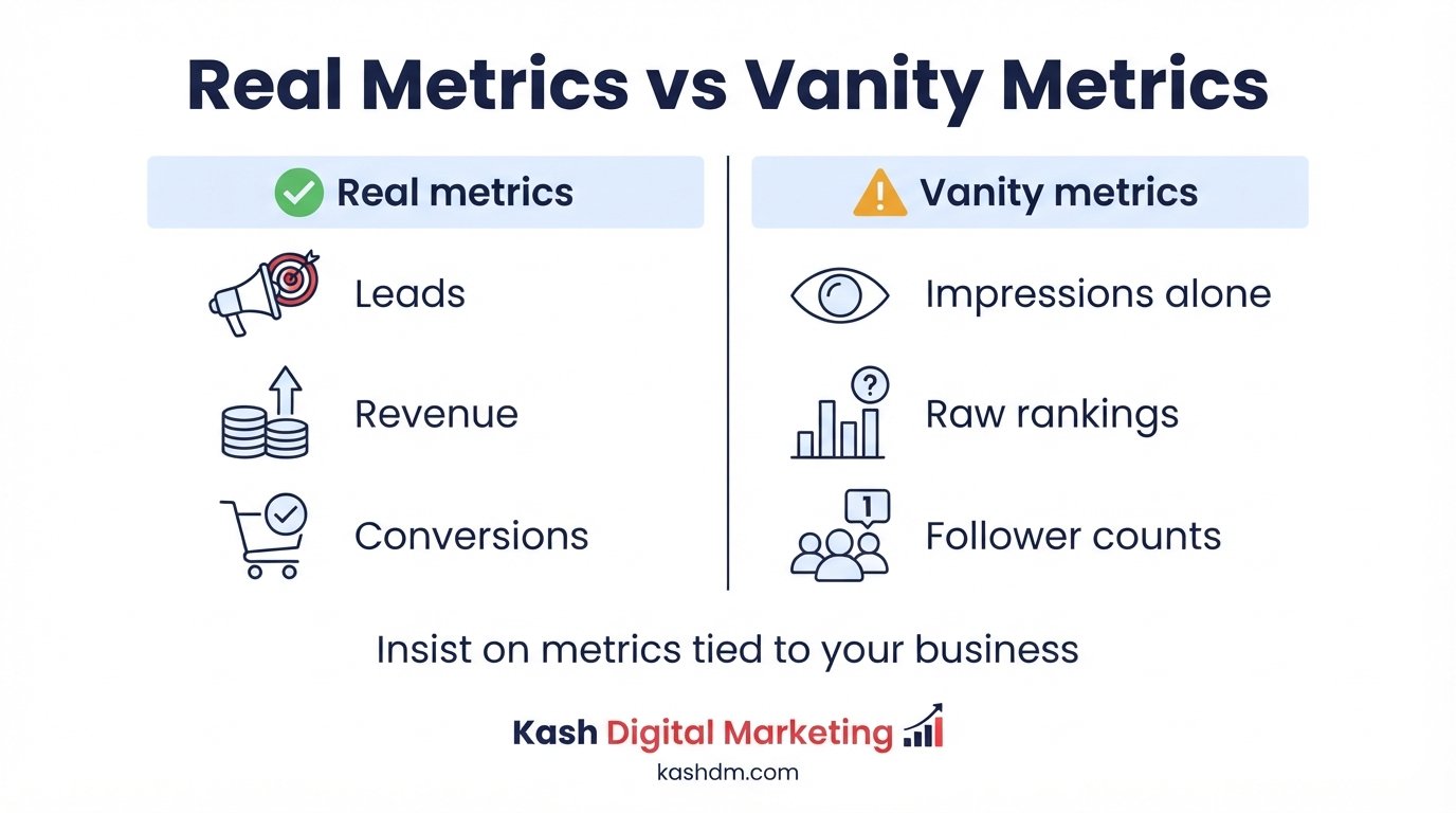Understanding SEO reporting and transparency: leads and revenue metrics versus vanity metrics.