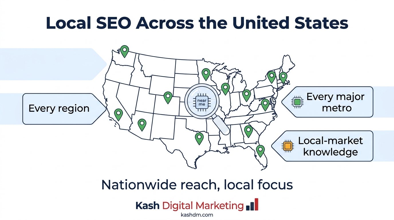 SEO services near me: a map of the United States showing local SEO coverage in every region and major metro.