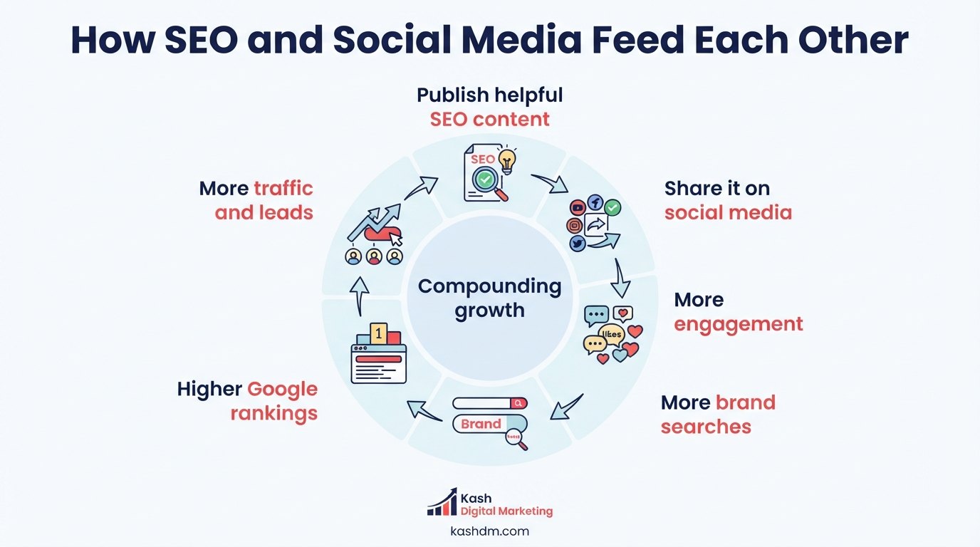 SEO and social media marketing working together: a six-stage cycle from publishing content and sharing on social to more engagement, brand searches, higher rankings and more traffic, driving compounding growth.