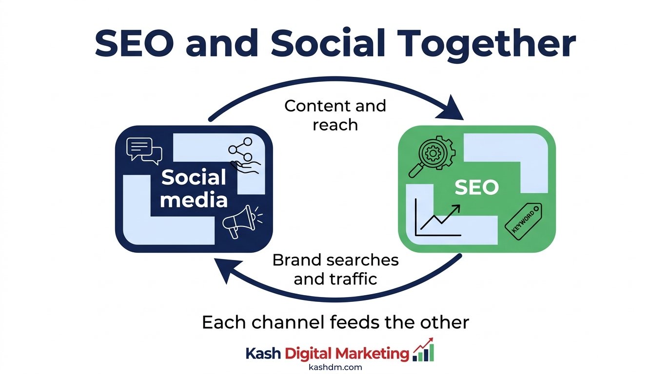 SEO and social media working together: shared content driving brand searches and traffic.