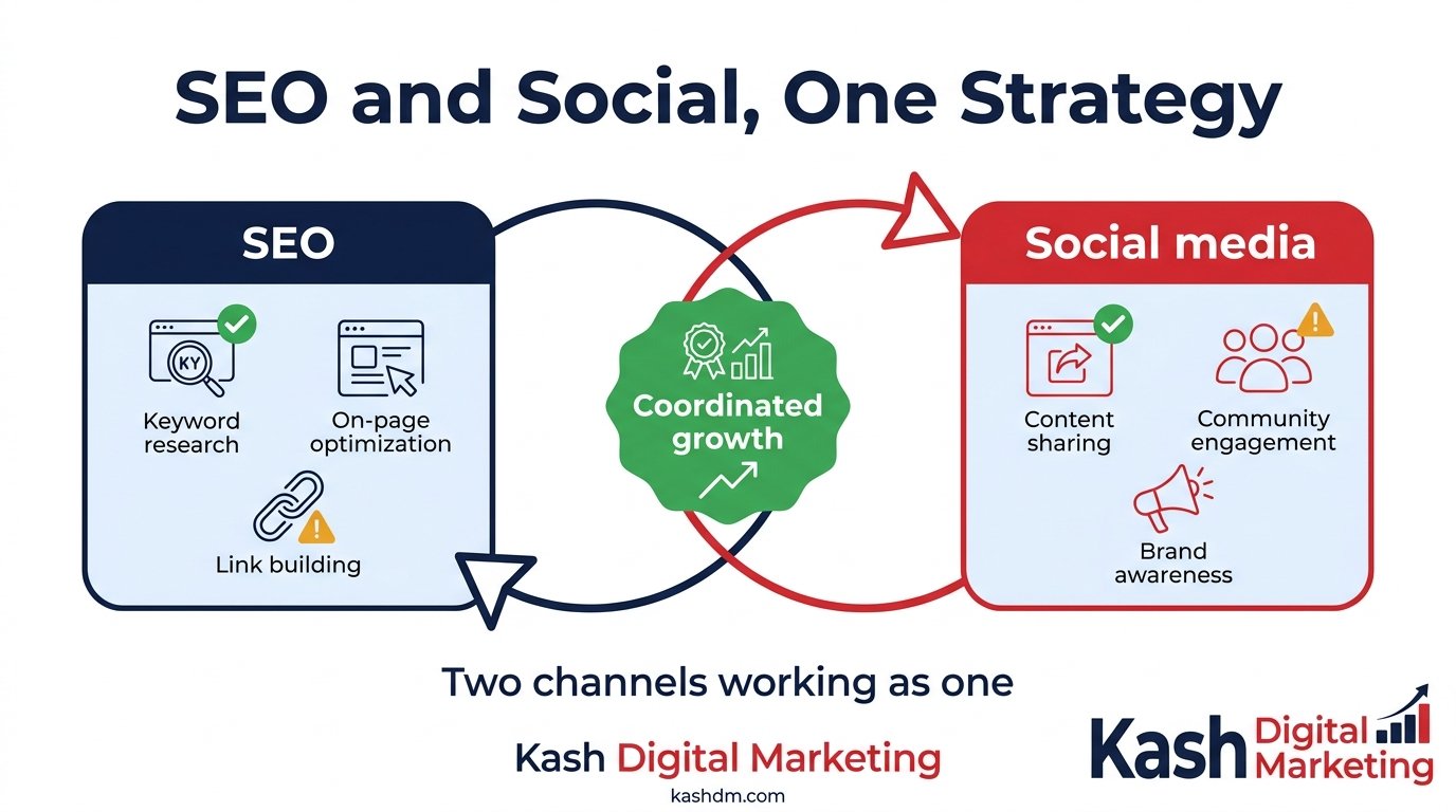 SEO and social media services from Kash Digital Marketing working as one coordinated growth strategy.