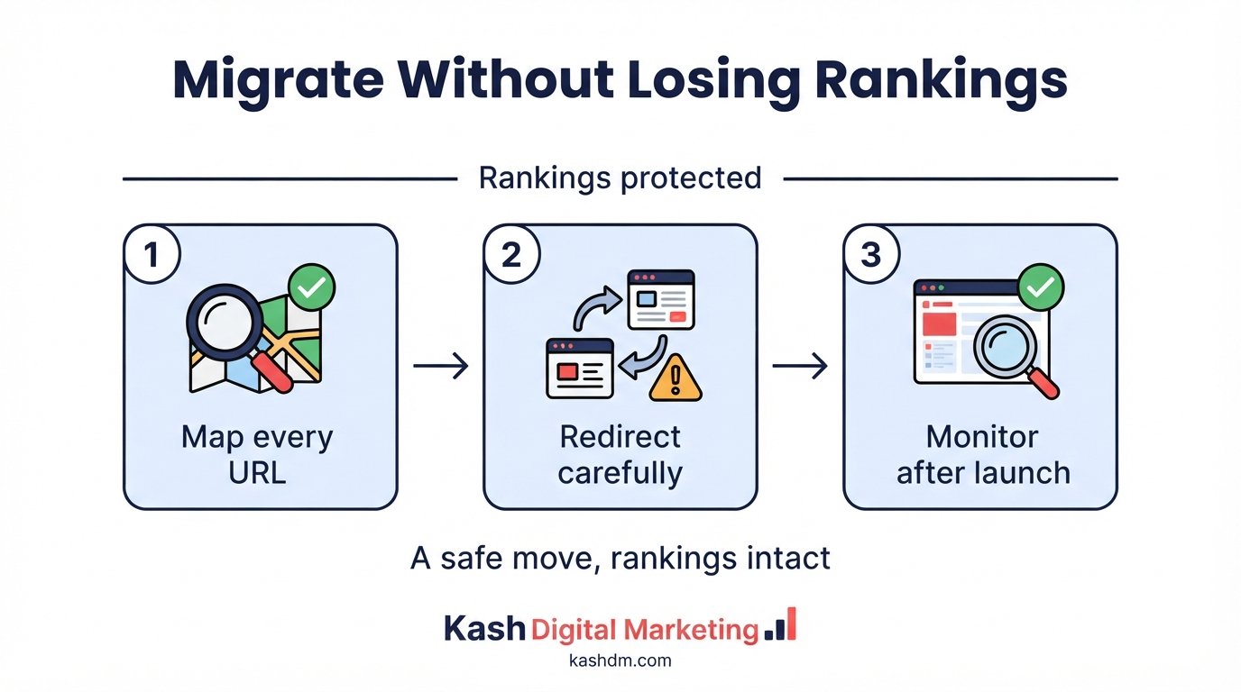 Site migration SEO protecting rankings through URL mapping, redirects and post-launch monitoring.