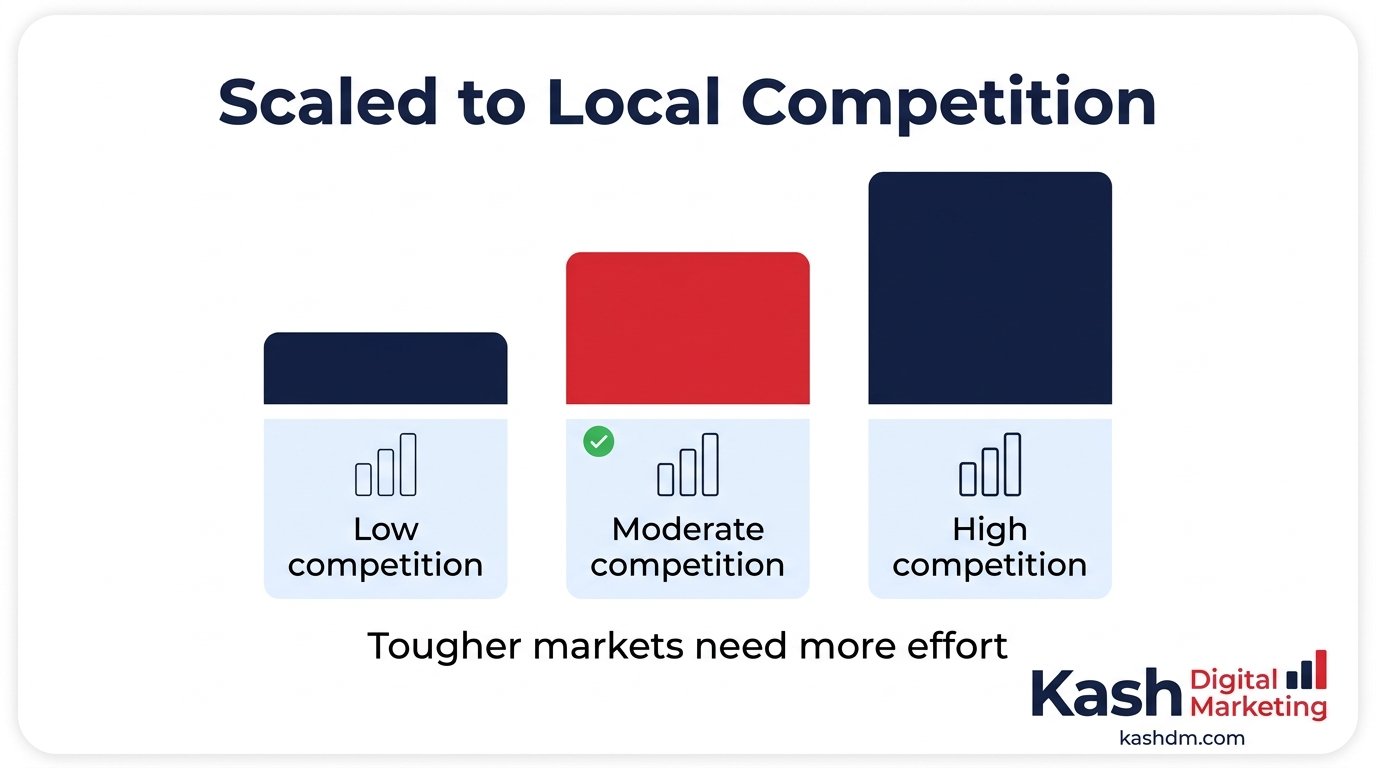 Local SEO for small businesses scaled to each market's competitive intensity.