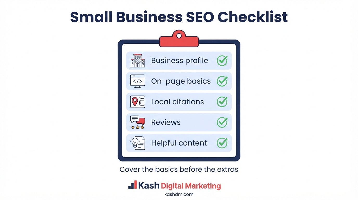 Small business SEO checklist: foundation, on-page, and off-page tasks sequenced by impact.
