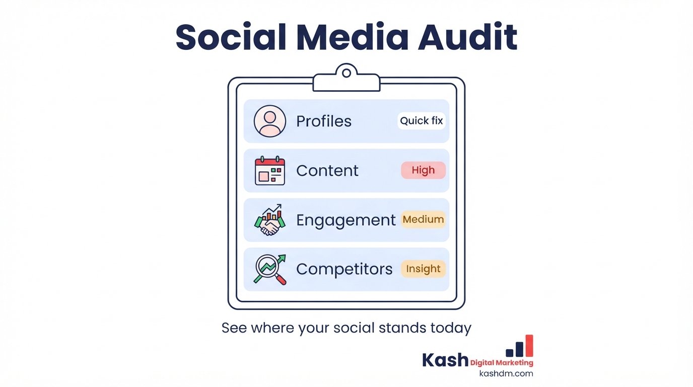 Social media audit: profile review, competitor benchmarking and a prioritized action plan.