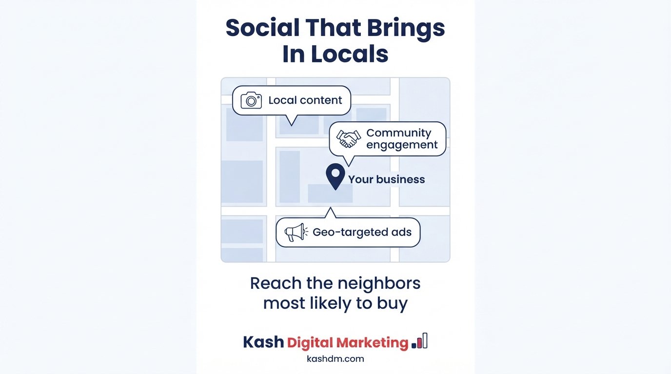 Social media for local business: community-focused content driving local search and map pack visibility.