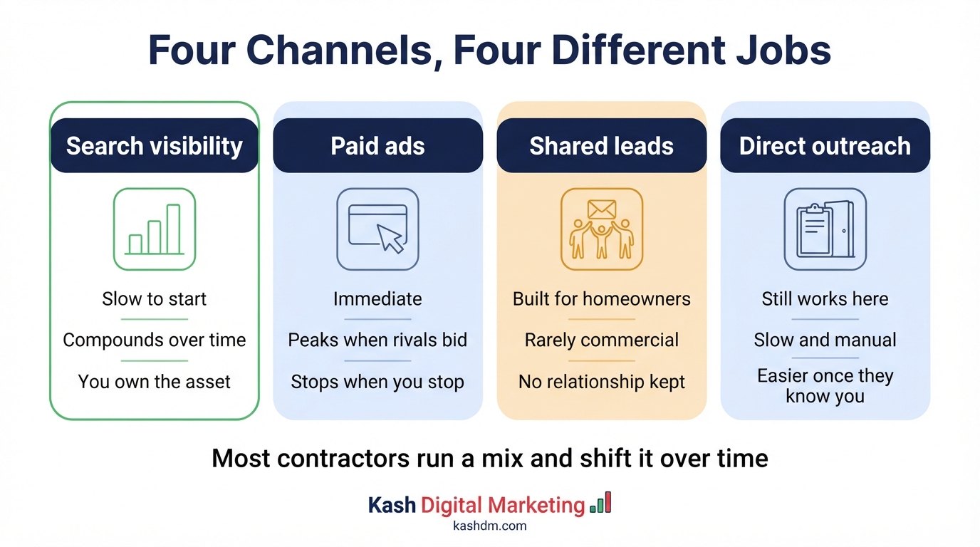 Striping lead channels compared: search visibility, paid ads, shared leads and direct outreach.