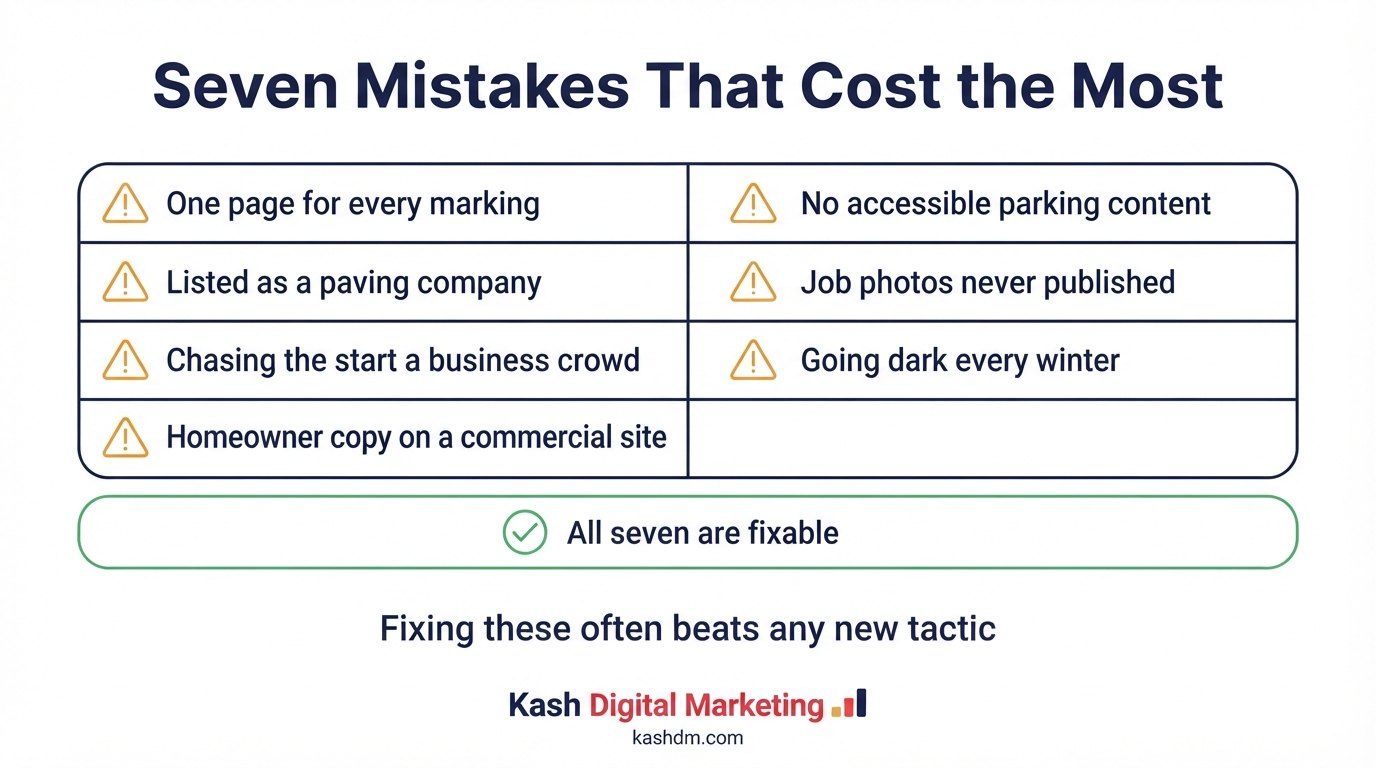 Common parking lot striping SEO mistakes: one services page, wrong profile category, no ADA content and going dark in winter.