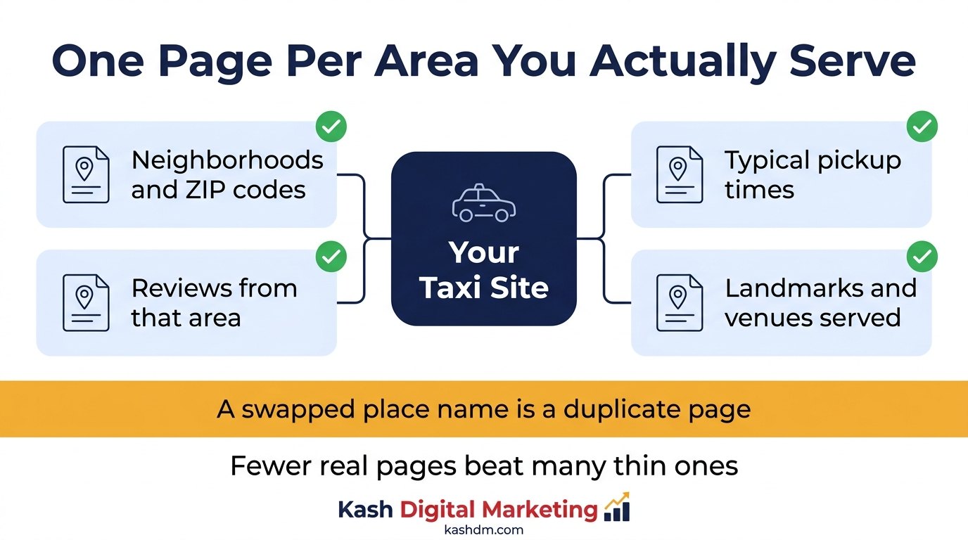 Taxi city pages: neighborhoods and ZIP codes, local pickup times, landmarks served and reviews from that area.