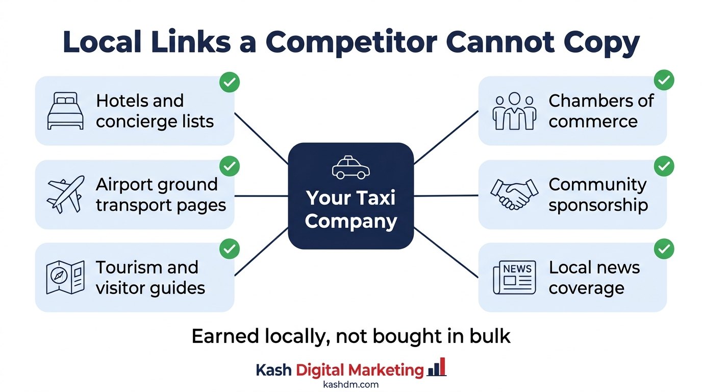 Local link building for taxi companies: hotels, airport ground transport pages, tourism boards, chambers and community sponsorship.