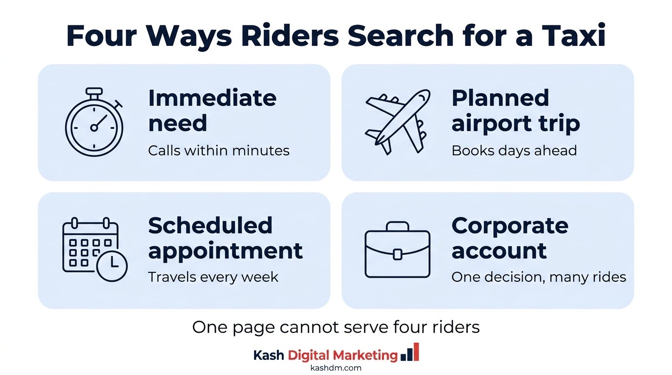 Four ways riders search for a taxi: immediate need, planned airport trip, scheduled appointment and corporate account.