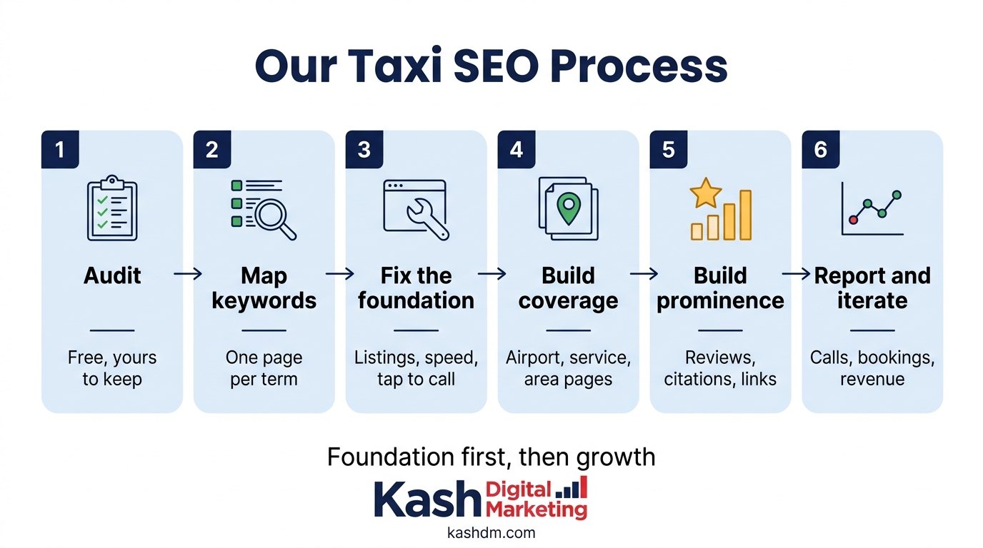 Our taxi SEO process: audit, keyword mapping, fix the foundation, build coverage, build prominence, then report and iterate.