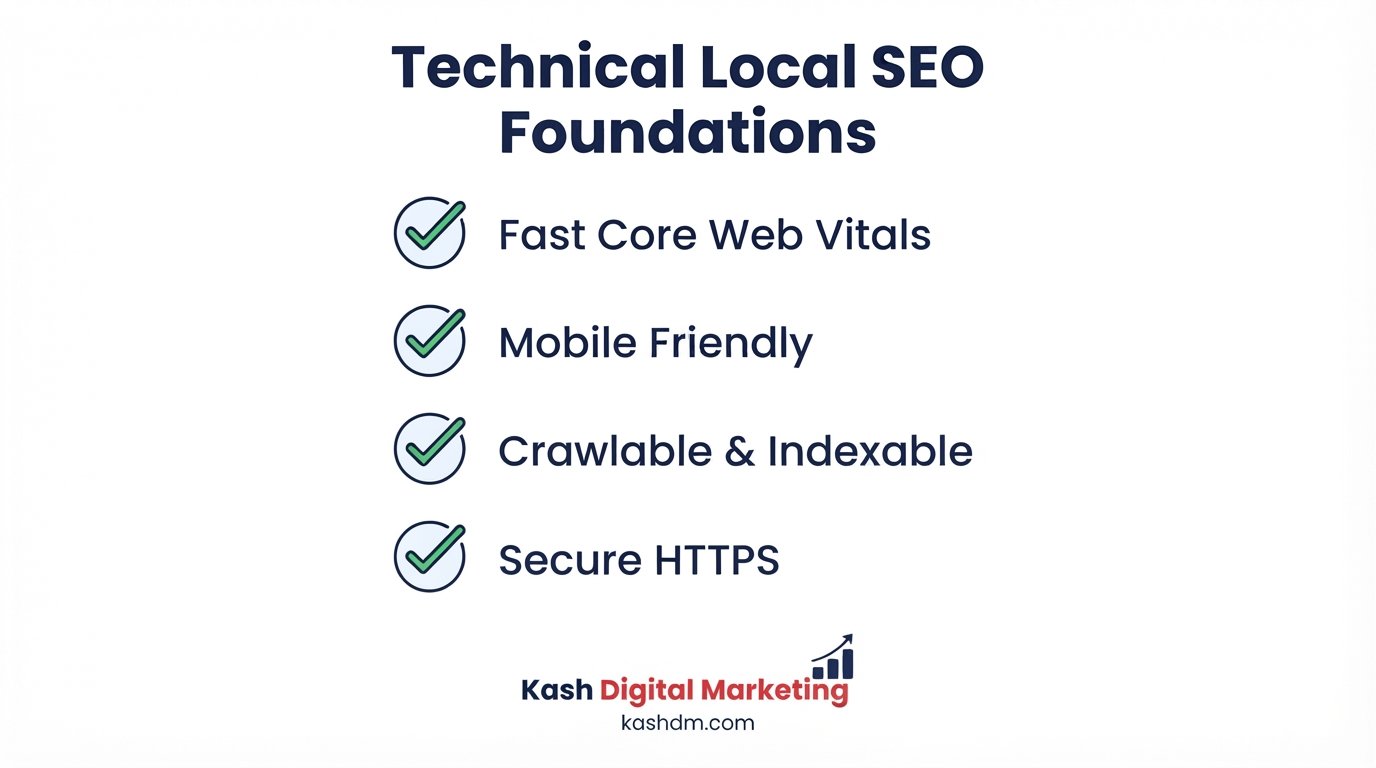 Technical local SEO: fast Core Web Vitals, mobile friendly, crawlable and indexable, secure HTTPS.