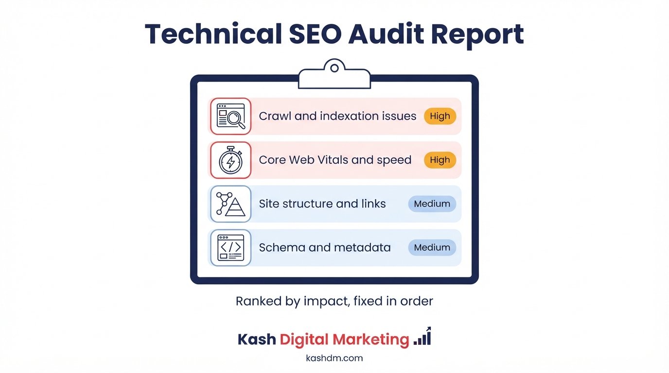 Technical SEO audit services: a prioritized report of crawl, speed, and indexation issues ranked by impact.