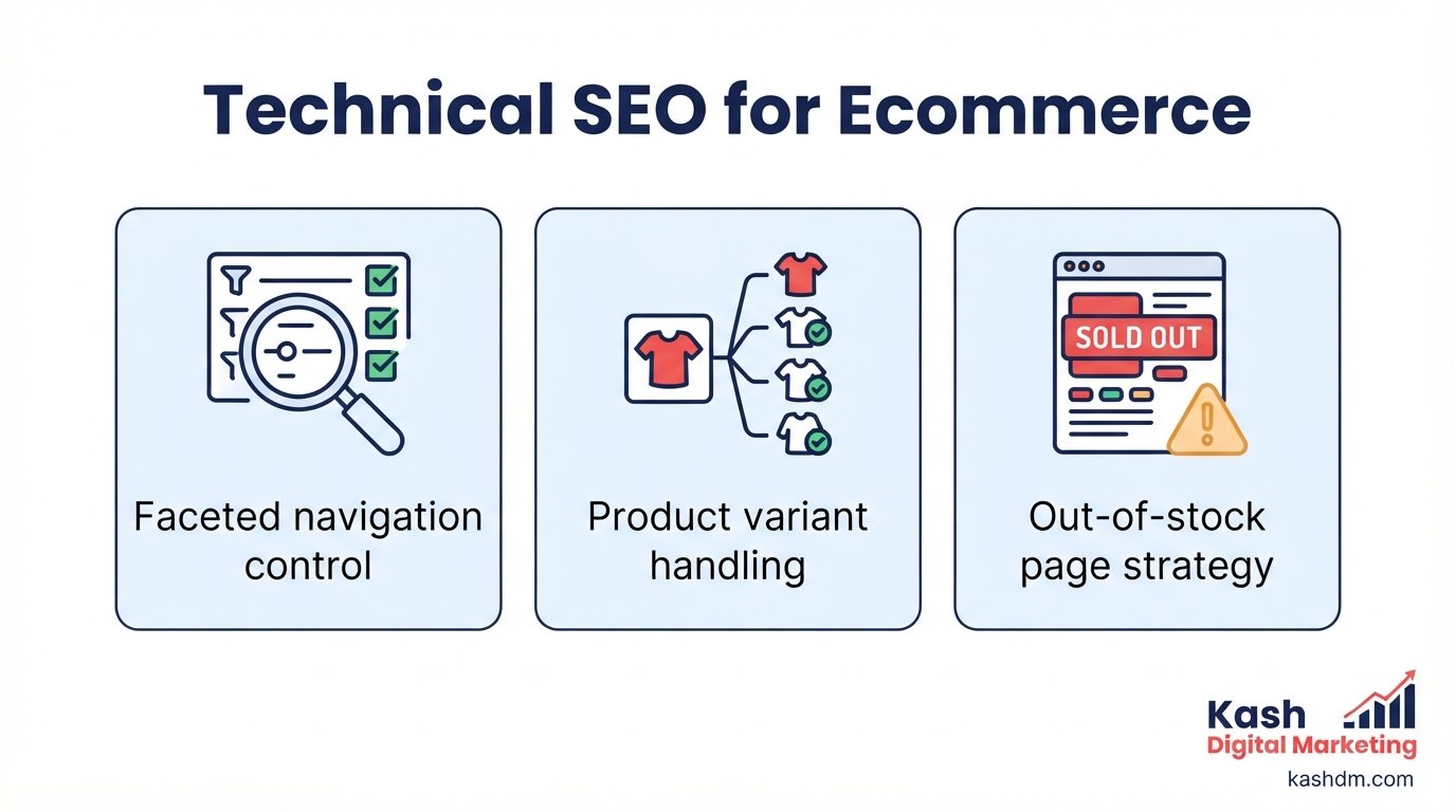 Technical SEO for ecommerce: managing faceted navigation, product variants, and out-of-stock pages at scale.