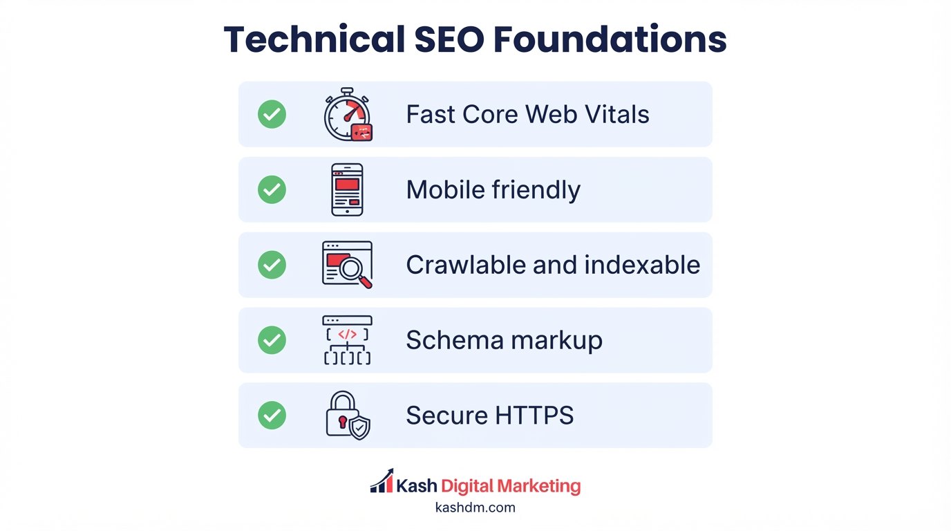 Technical SEO services: five foundations, fast Core Web Vitals, mobile friendly, crawlable and indexable, schema markup, and secure HTTPS.