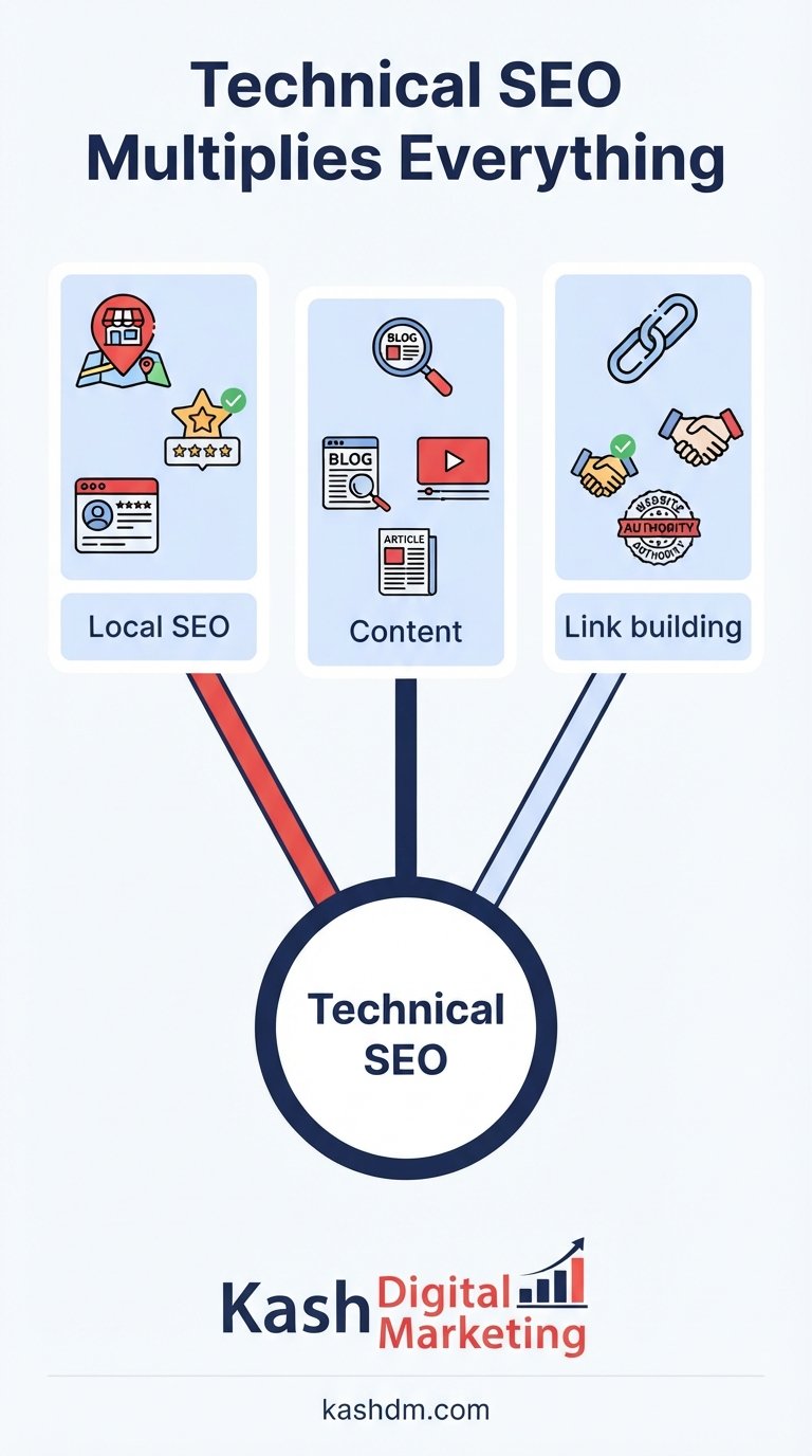 Technical SEO as a multiplier connecting local SEO, content, and link building into compounding results.