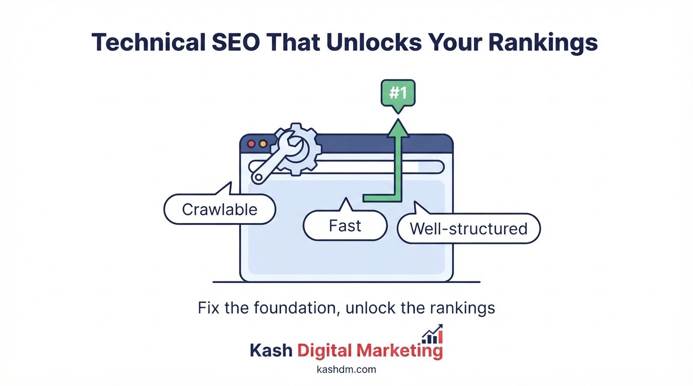 Technical SEO services: a website's crawl, speed, and structure issues being diagnosed and fixed to unlock rankings.