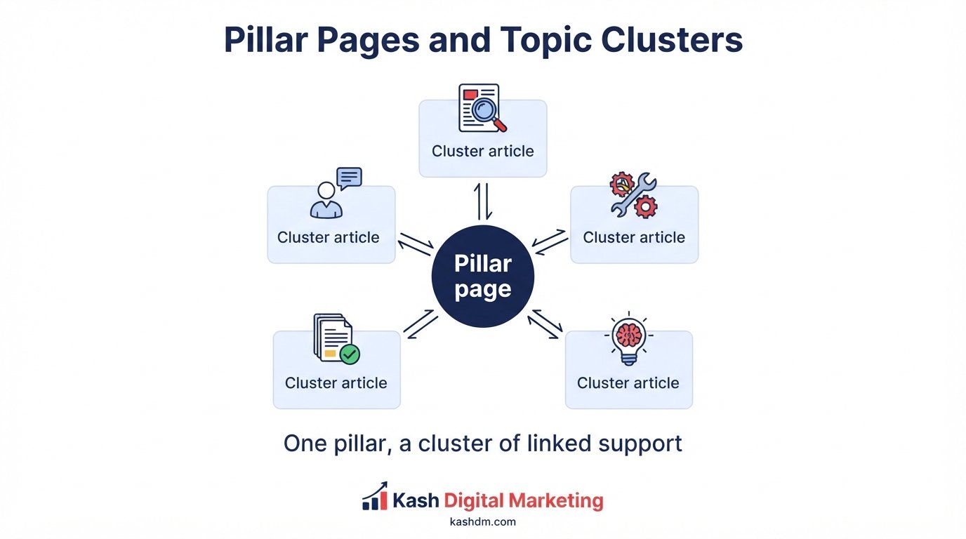 Topic clusters and pillar pages: a central pillar page linking to a cluster of supporting articles.