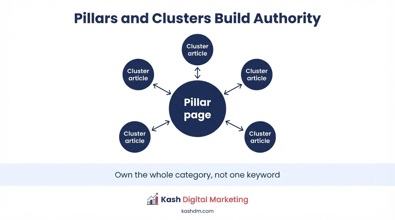 Topic clusters and pillar strategy building category authority through interlinked content.