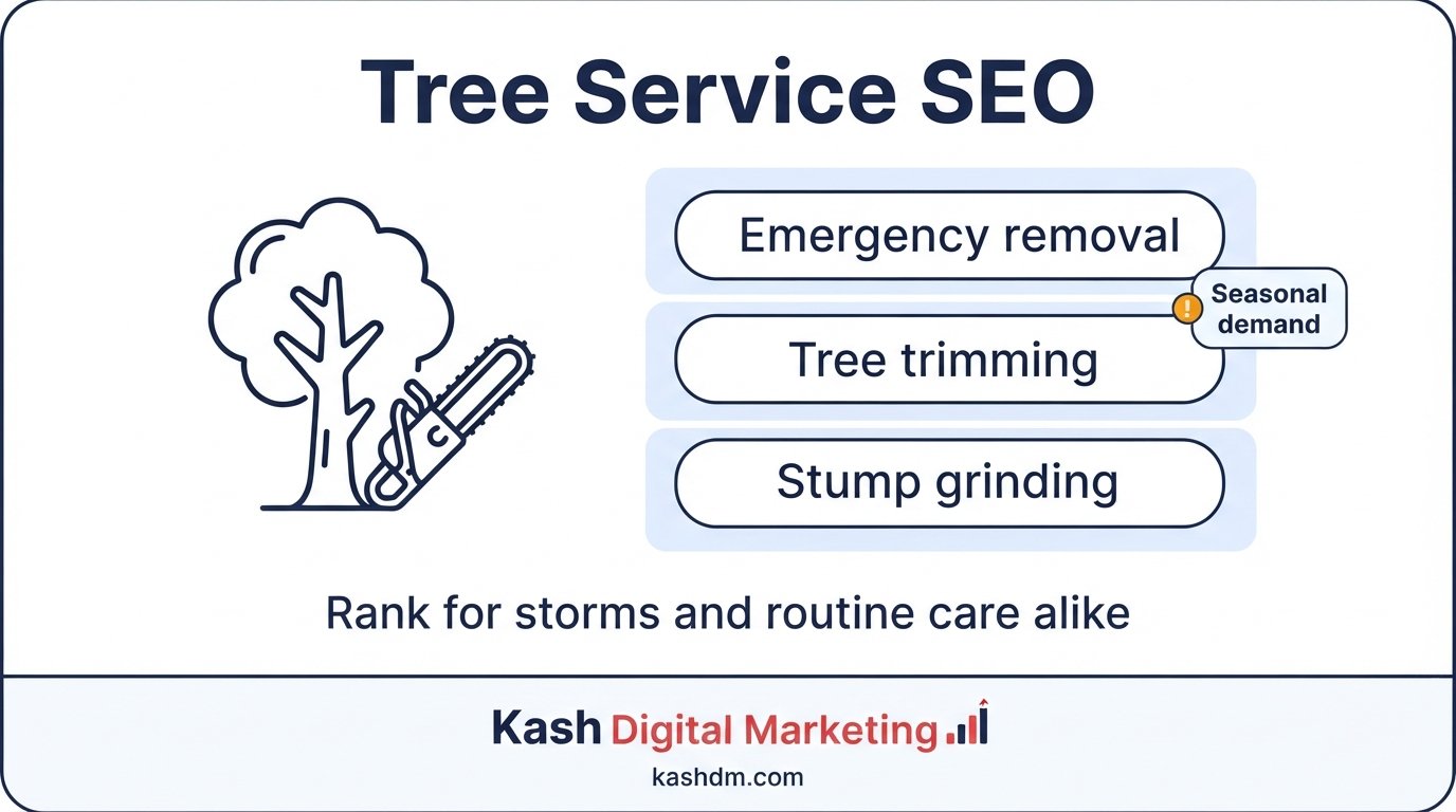 Tree service SEO: storm damage emergency removal and routine trimming pages ranking by season.