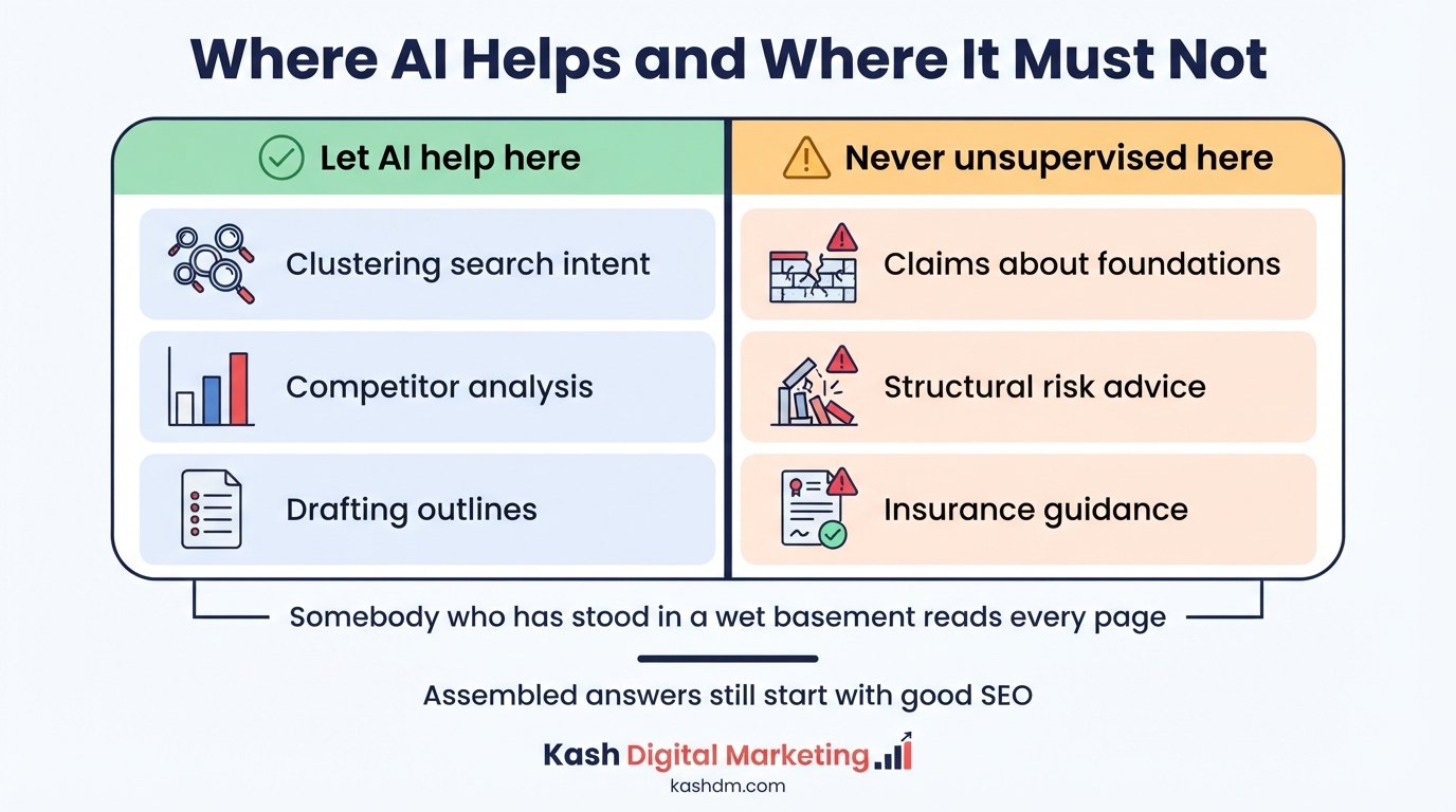 AI SEO for waterproofing contractors: direct answers and original field knowledge earning a citation, with facts verified by a human.