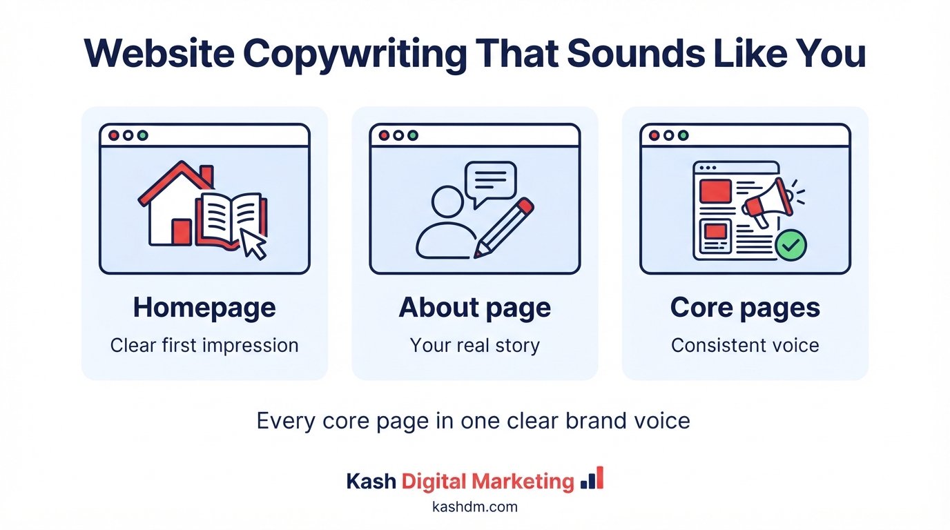 Website copywriting services: rewriting homepage, about, and core pages to sound clearly like your business.