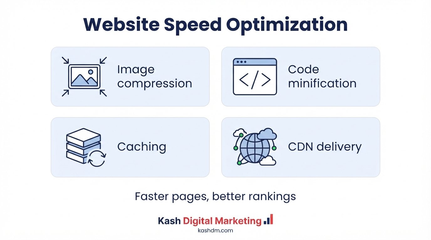 Website speed optimization services: image compression, code minification, caching, and CDN delivery.