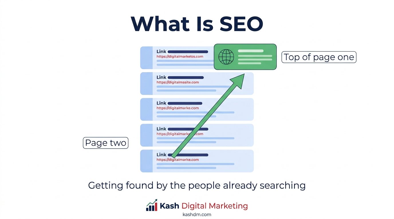 What is SEO: a website climbing Google's search results from page two to the top of page one.