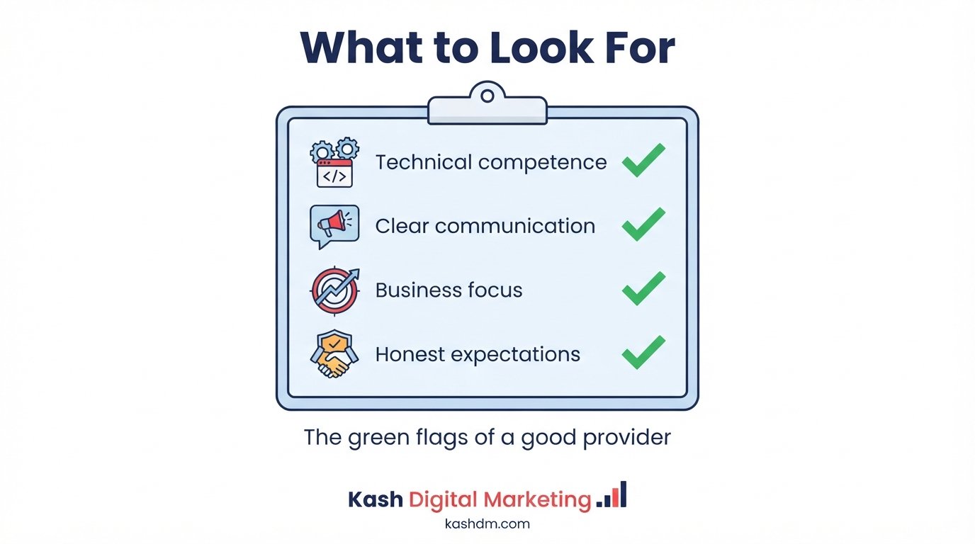What to look for in an SEO provider: a checklist of technical competence, communication and business focus.