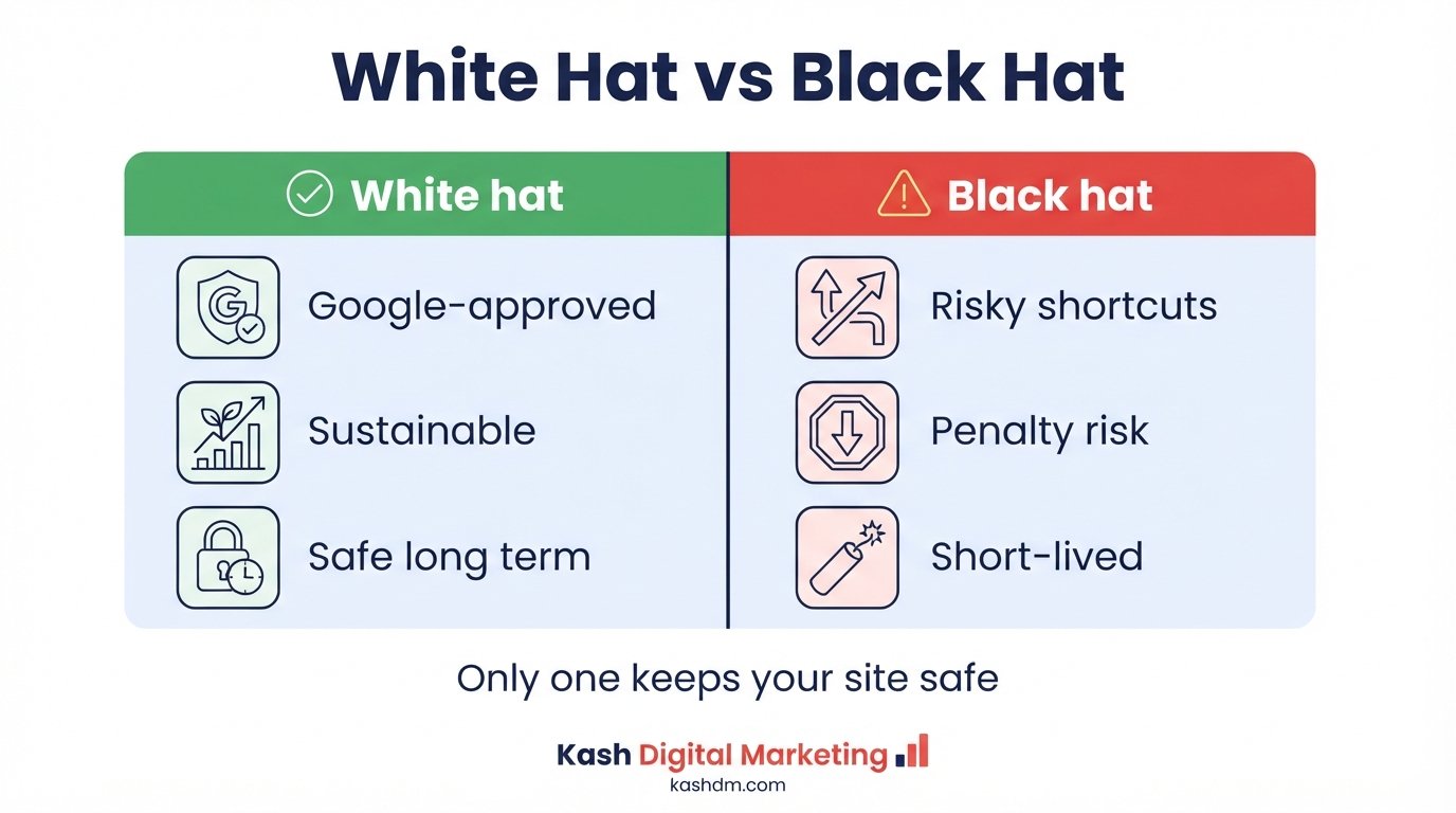 White hat vs black hat SEO providers: sustainable Google-approved methods versus risky shortcuts.