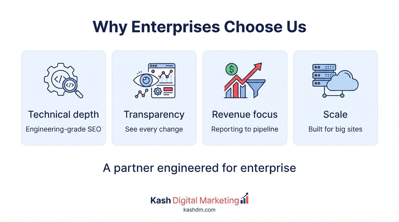 Why choose Kash Digital Marketing for enterprise and SaaS SEO: technical depth, transparency and revenue-focused reporting.